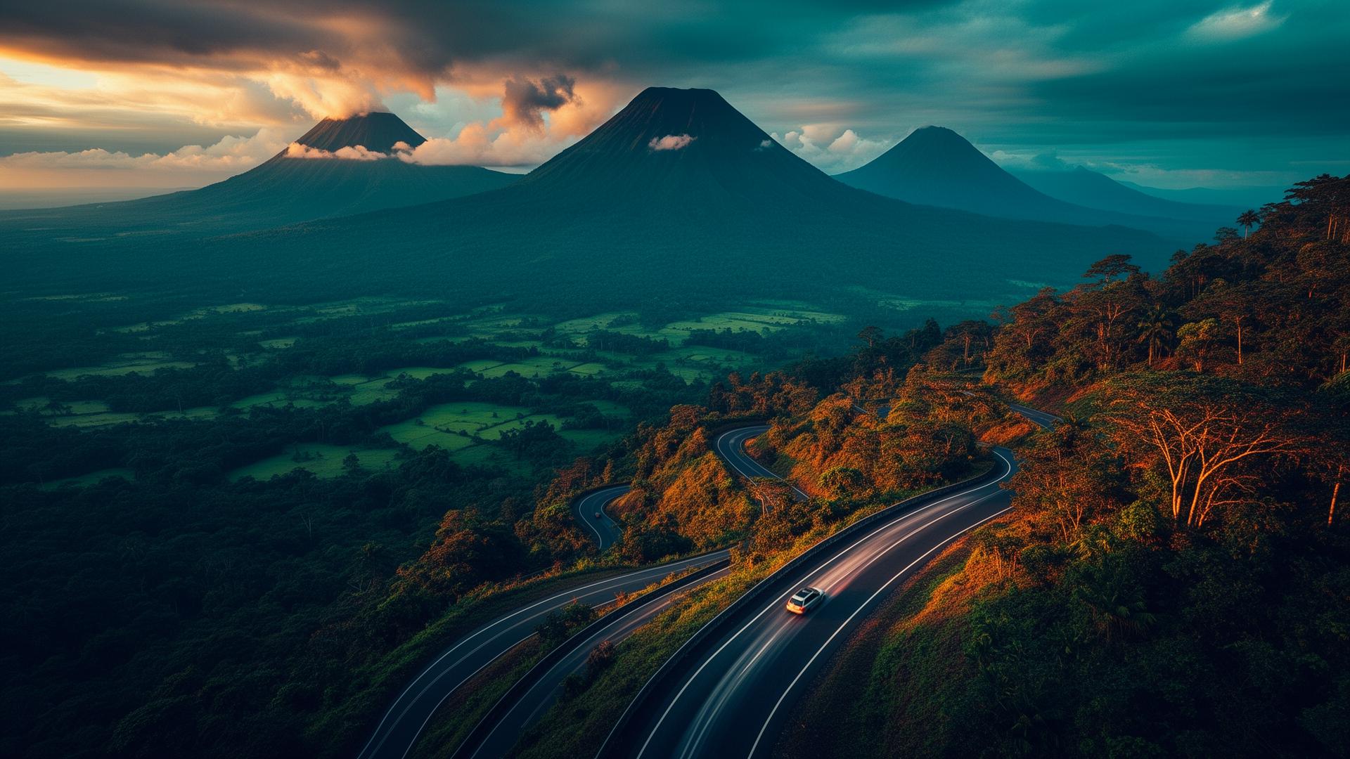 Carretera serpenteante atravesando volcanes centroamericanos al atardecer